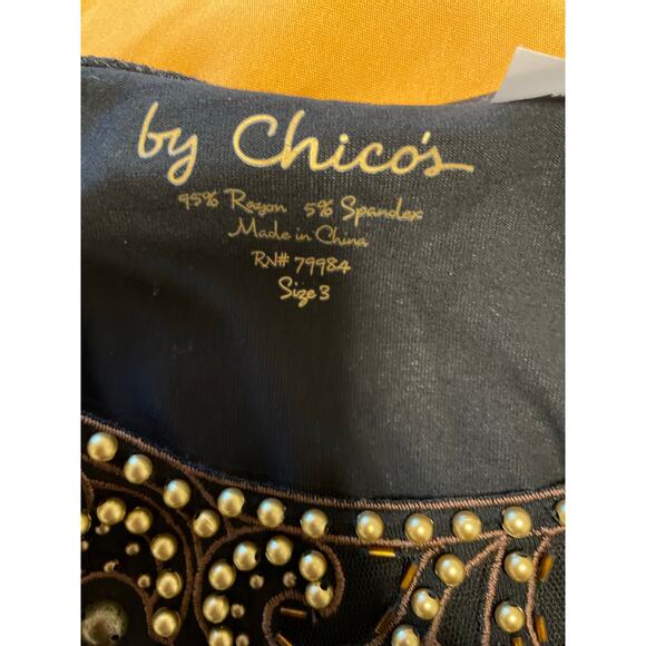 By Chicos Size 3 (XL) Size Black Top With Gold Beading Half Sleeve V-Neck - Picture 4 of 7